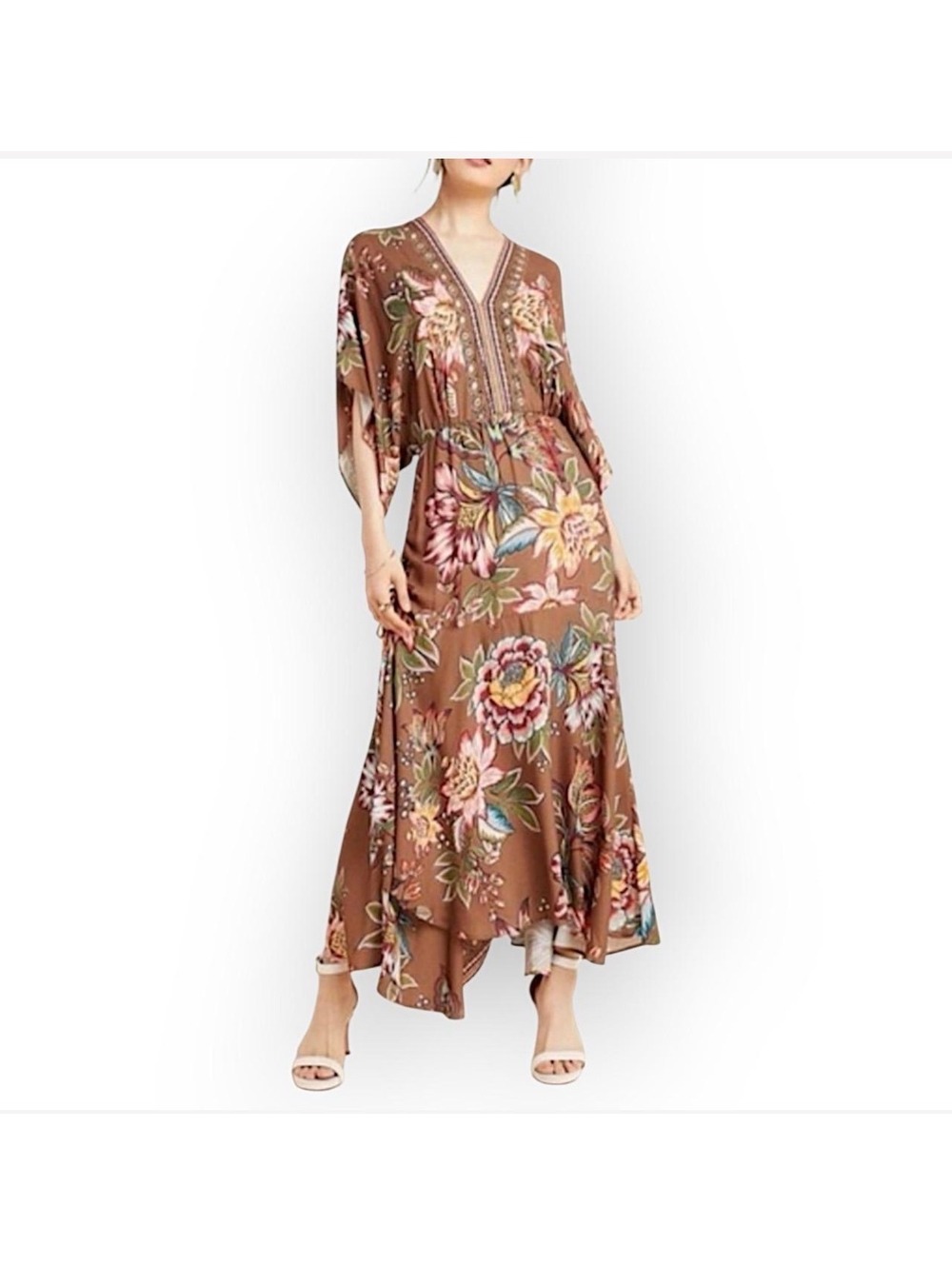 Anthropologie Farm Rio Valentina Dress featuring a rich brown floral print